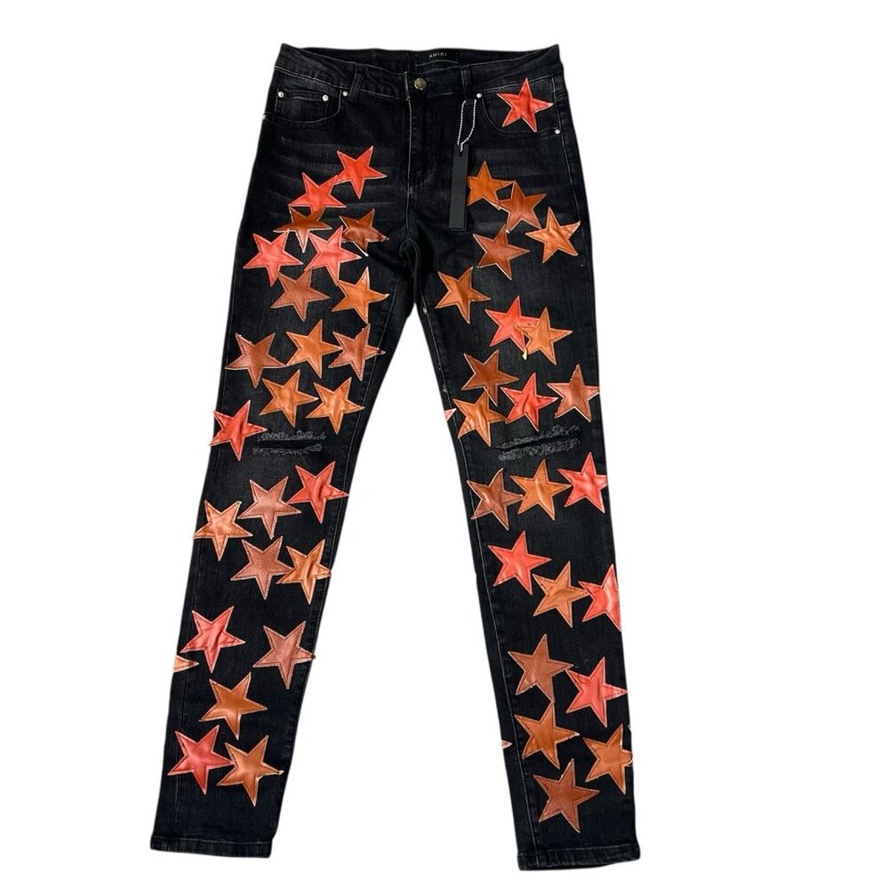AMIRI Star Patch Jeans Black Leather Red Brown Size 32 Designer Denim USA Rare